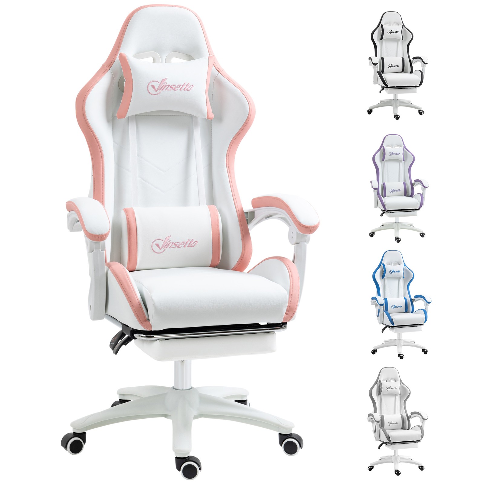Vinsetto White Pink Racing Style Reclining Gaming Chair