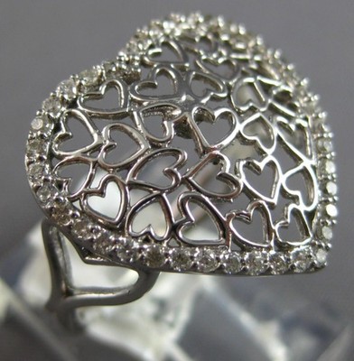 ESTATE WIDE .26CT DIAMOND 14KT WHITE GOLD 3D CLASSIC MULTI HEART FUN LOVE RING