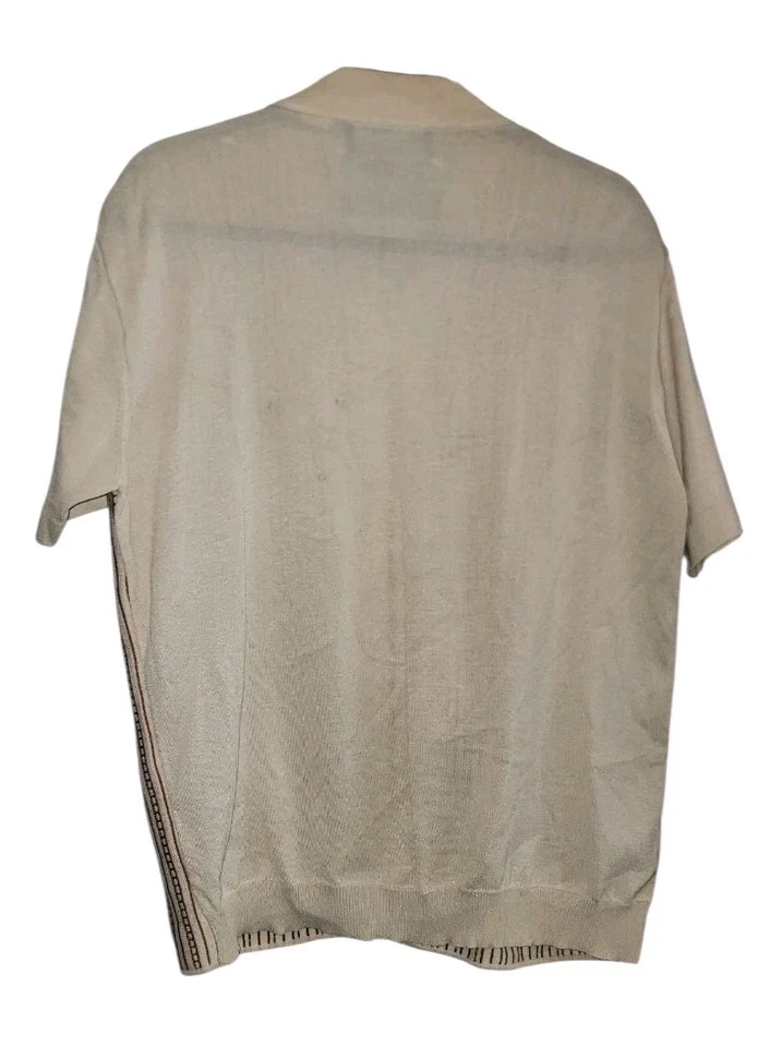 Vtg 70s Leonardo Strassi Sz L Men's Brown Leather Stripe Italian Knit Polo Shirt - Image 2 of 4