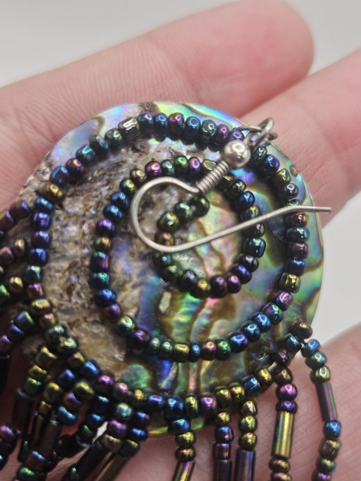 Vintage Abalone Shell Dangle Black Iridescent Gla… - image 5