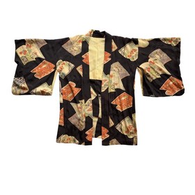 Vintage Haori Jacket Women OS Black Excellent Silk Fan Floral Print Vintage