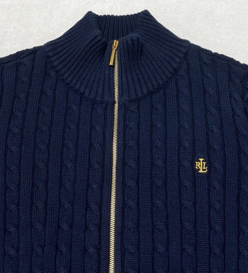 Lot Of 2-Lauren Ralph Lauren Tan/Navy Cable Knit Cotton Sweaters Women’s 1X - Image 3 of 4