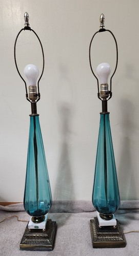 Set Teal Blue Murano Blown Glass Table Lamps Tear Drop Marble Base Italy MCM 38" - Picture 5 of 24