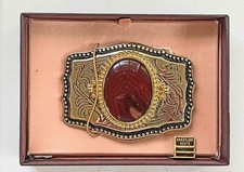 Western Style Brazilian Agate Gold Tone Floral Design Metal Belt Buckle USA NIB
