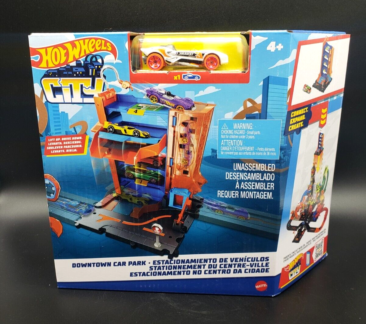  Hot Wheels City Toy Car Track Set Downtown Car Park Playset  with 1:64 Scale Vehicle, 4 Levels, Working Lift & Exit Chute For 4 years  and up, Multi : Toys & Games