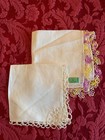 Vintage Lot OF  2 White Linen Tatted Hankies Handkerchiefs