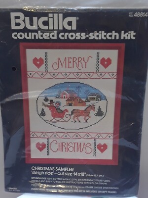 BUCILLA SLEIGH RIDE CHRISTMAS SAMPLER kit 48814  horse drawn sleigh falling snow