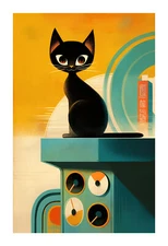 1960s Mid Century Modern Cat and Record Player Art Print apc21