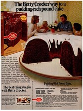 ANUNCIO IMPRESO, 1976 Betty Crocker Pudín Libra Rica Pastel Receta Años 70 Mesa Familiar
