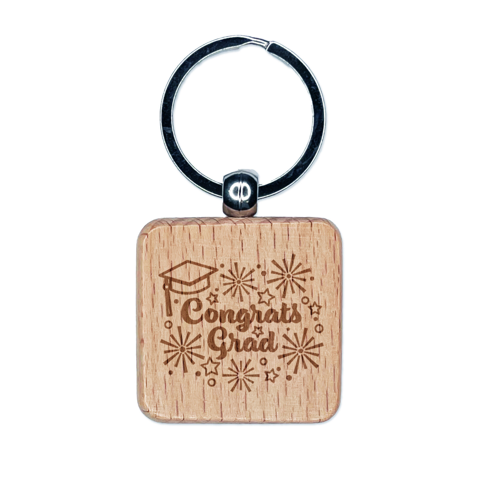 Congrats Grad Graduate Graduation Cap Fireworks Engraved Wood Square Keychain