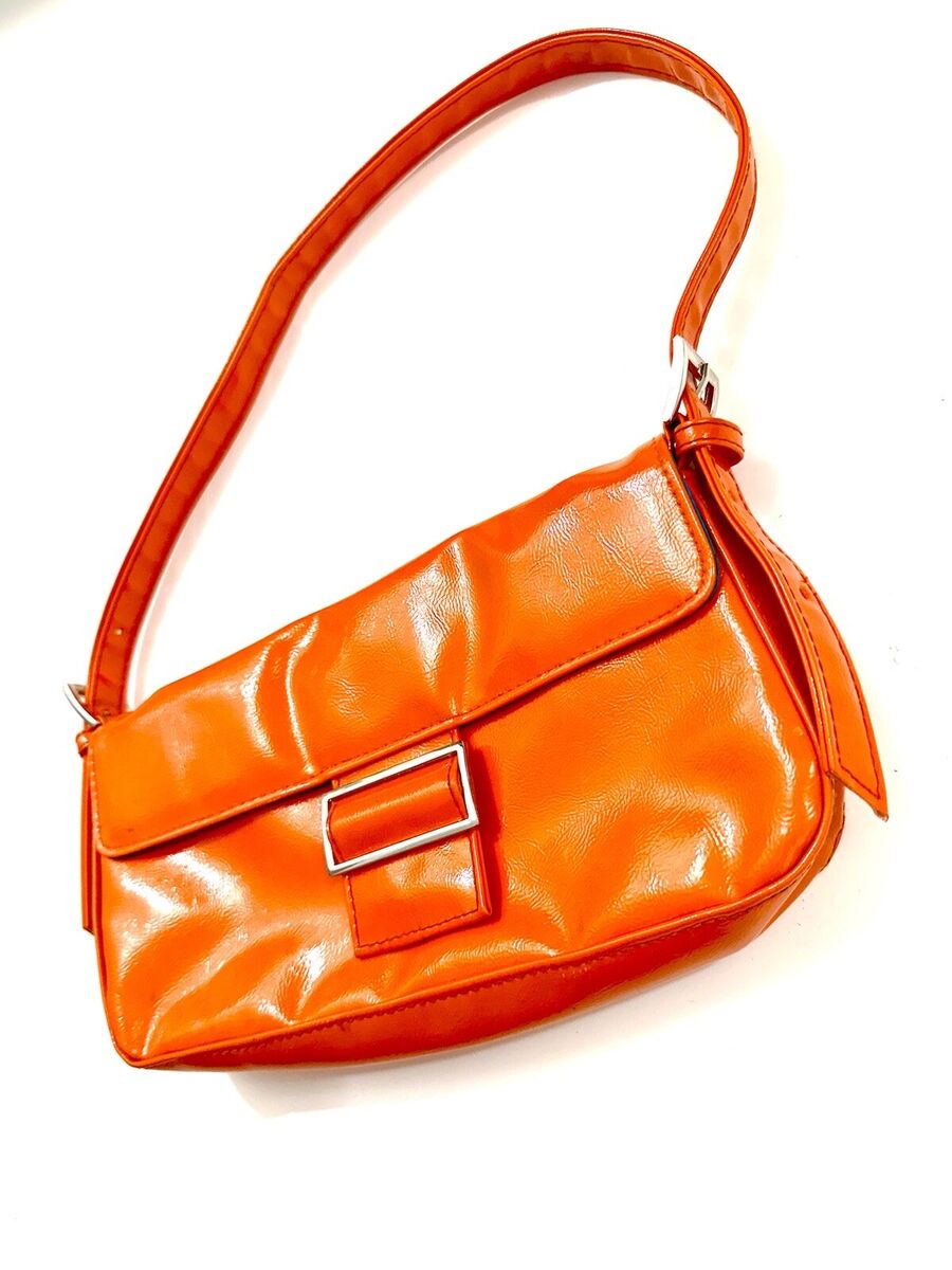 Vintage Y2K Shoulder Bag Orange Faux Patent Leather Slim Vintage Y2K Shoulder Bag Orange Faux Patent Leather Slim