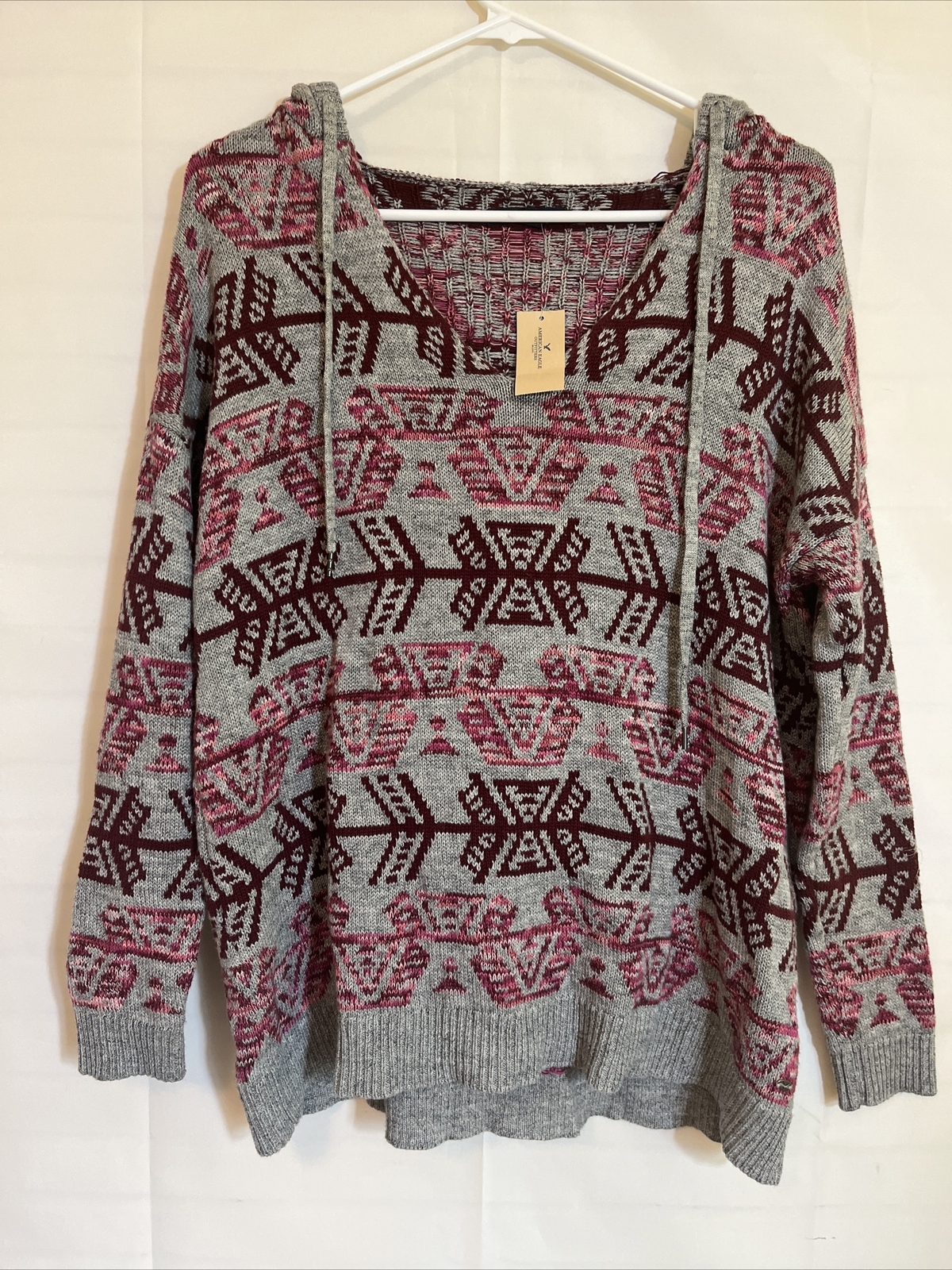 American Eagle Sweater S Hood Aztec NWT Pink Gray Cozy Knit