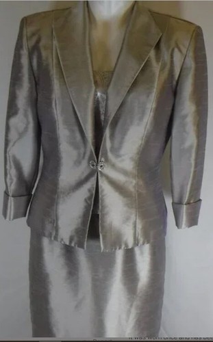 Cachet Silver Satin Formal Long Sheath Dress Jacket 2 Pc Set - Sz 12
