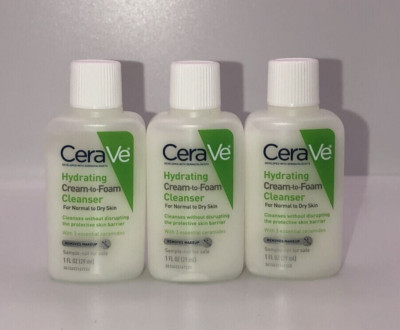 3 CeraVe Hydrating Cream-to-Foam Cleanser  Removes makeup 1oz/29ml