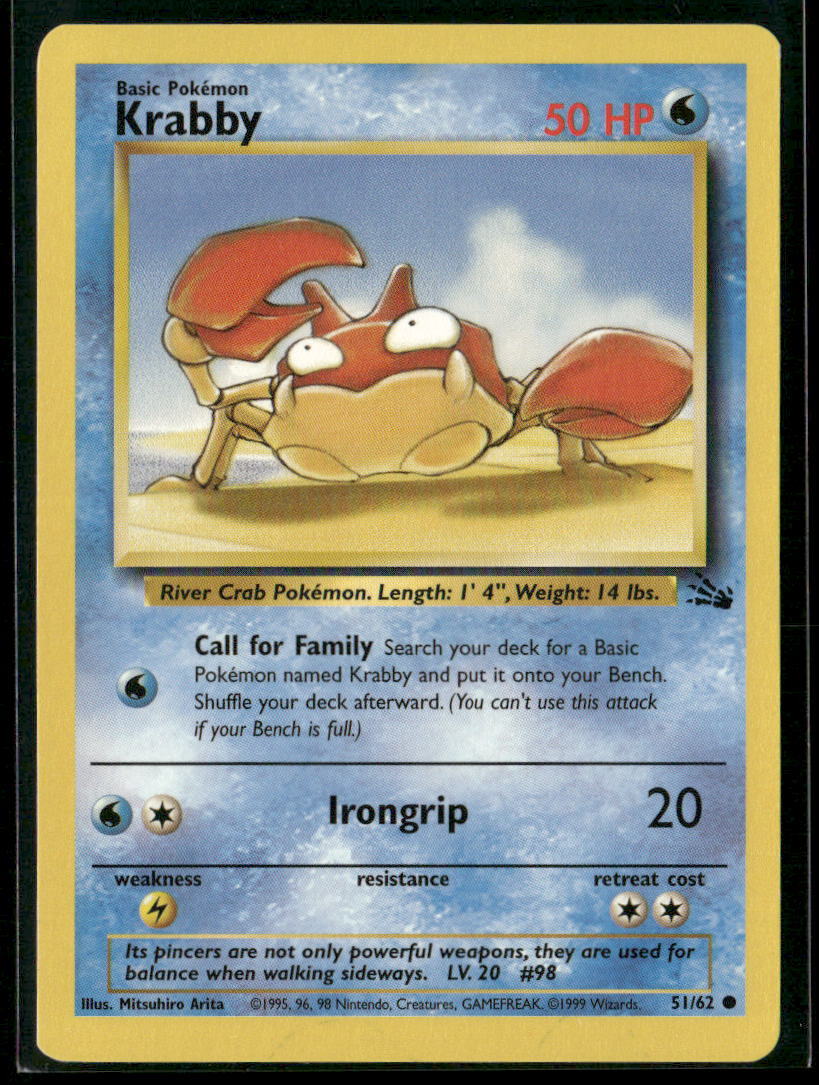 Pokemon Fossil #51/62 Krabby Common, Near Mint or Better