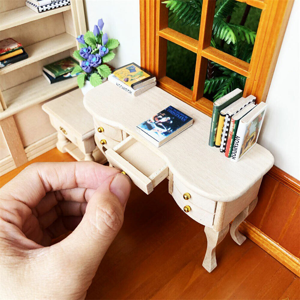 Dollhouse 1:12 Scale Wood Chair And Desk Drawer Writting Table Wooden Furniture
