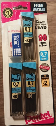 NEW Pentel 90-Pieces Super Hi-Polymer .7mm Pencil Lead Refills plus ZEH05 Eraser