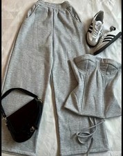 Long High waisted Pants and Crop Top Hoodie Set Ash Gray Women's