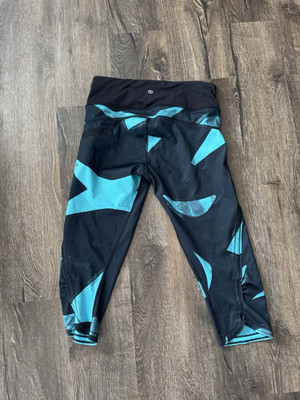 LULULEMON Run Top Speed Crop Leggings Back Spin Stroke Blue Black WOMEN'S 4