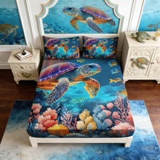 Coastal Turtle Bedding Set Twin Size,1 Fitted Sheet 2 Pillowcases. Undersea...