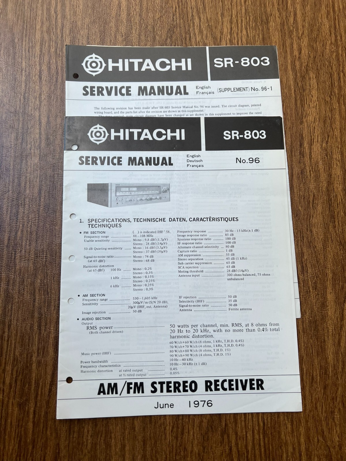 Original 1976 HITACHI SR-803 Receiver Service Manual / Schematic
