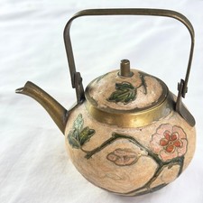 Mini Vintage Brass Teapot Enamel Flower Design Asian Decorative Collectible