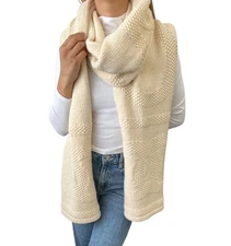 CHANEL Vintage CC Logo Knit Scarf Wrap Accessory Cream Wool Stitch