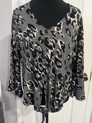 Veronica M. Grey Leopard Print Bell Sleeve Tie Front Top Medium