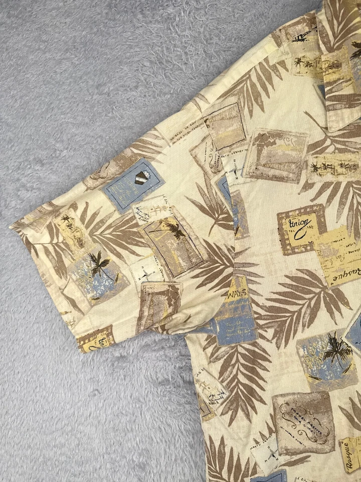 Roundtree & Yorke Shirt Men 2XL XXL Yellow Palm Postcards Stamp Cotton Hawaiian - Image 3 of 4