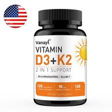 Vitamin D3 5000 IU + K2 90mcg 120 Capsules Extra Strength D3 K2 Supplements