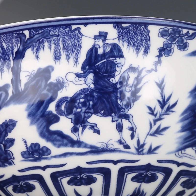Bol Porcelaine Bleu Blanc Style Qianlong Scène Personnages Décor Chinois Antique - Photo 4/4