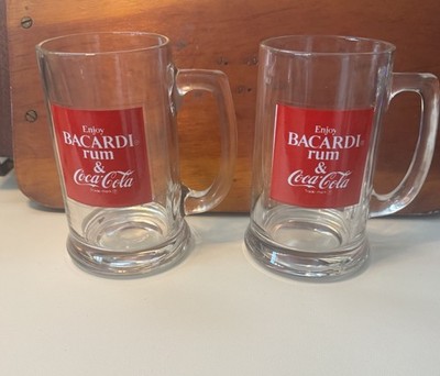 Vintage 1977 Bacardi Rum & Coca-Cola Glass Mug Set Pair Heavy Barware Coke