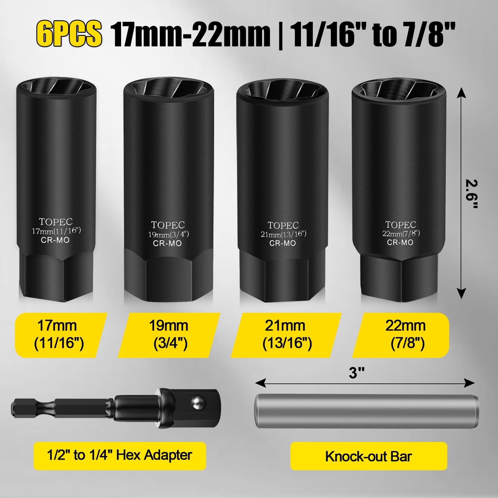 Topec 6PCS Deep Lug Nut Removal Tool, 1/2" Drive Lug Nut Extractor Set, 17-22...