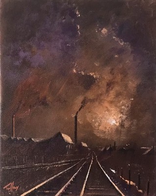 Original Ölgemälde Pete Tuffrey Industrial Northern Art Railway Atmosphärisch