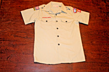 Boy Scouts of America BSA Youth Shirt Tan Large Sewn Patches Short Sleeve