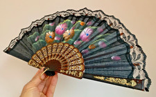 Vintage Hand Painted Gilt Black Lace Celluloid Mourning Hand Fan Victorian Style