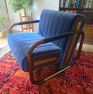 Essential Homes Minelli Armchair in Blue Velvet and Walnut