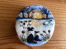 NEEDLE FELT BROOCH COLLIE DOGS SHEEP AND WINTER SUNSET
