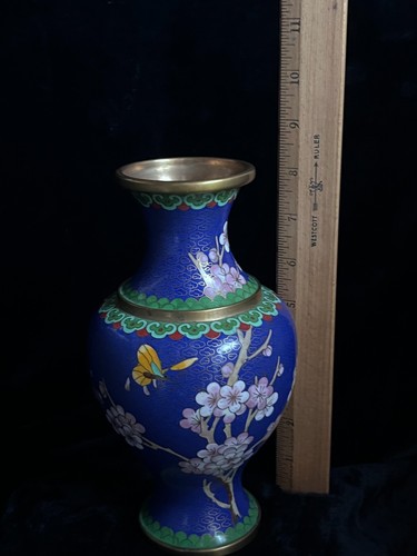 VINTAGE CHINESE CLOISONNE ZI JIN CHENG ENAMEL BRASS VASE 8" Butterfly & Florals - Picture 21 of 22