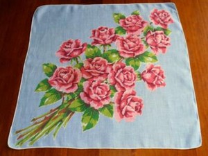 White with ink Roses and Daisies Vintage Floral Print Hanky Hankie Handkerchief