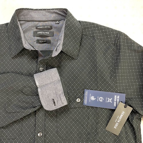 Kenneth Cole NY Techni-Cole M Slim Fit Button Up Shirt Mobility Woven Black - Picture 4 of 14
