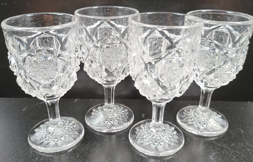 4 Westmoreland Old Quilt Clear Glass Wine Glasses Set Vintage Star Etch EAPG Lot - Picture 18 of 24