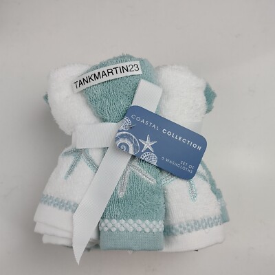 #ad 6 Coastal Collection Washcloths Beach Embroidered Starfish White Blue $27.25