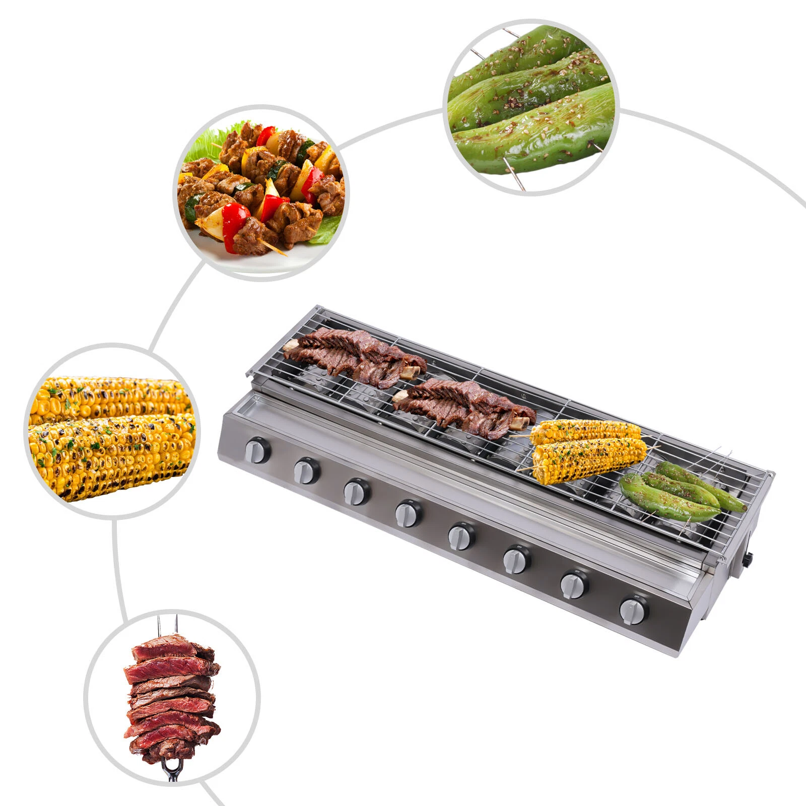 LPG Barbecue Grill 8 Burner BBQ Gas Grill Stainless Steel LPG Tabletop Gas Grill