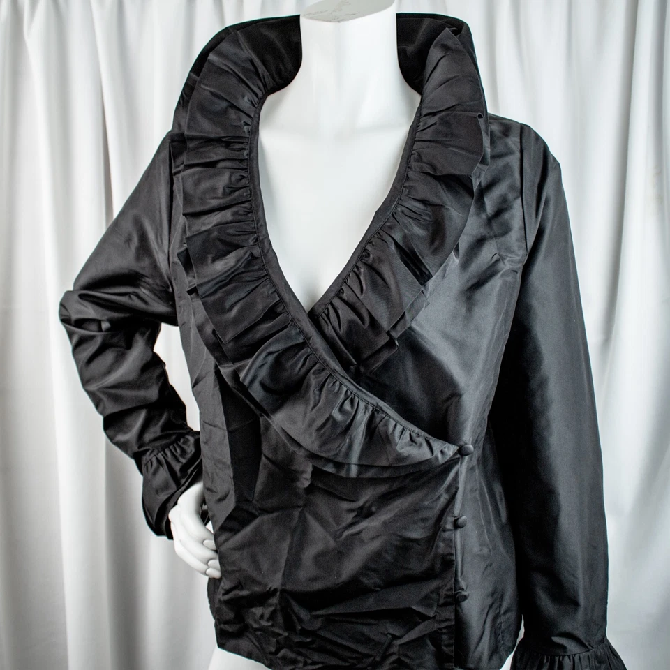 Nueva Chaqueta Top BLOOMINGDALE's Negra Sólida Vintage Mujer Seda Volantes Talla 16 W Foto 3 de 4