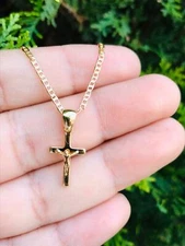 Kids Cross Necklace Chain 18K Gold Filled Jesus Pendant 19x11mm, Dije de Cruz