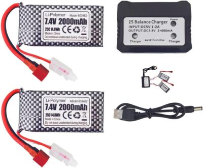 2x 7.4V 2000mAh LiPo Akku Set, T-Plug, 2in1 Ladegerät | Für RC 9200, 9200E, S920
