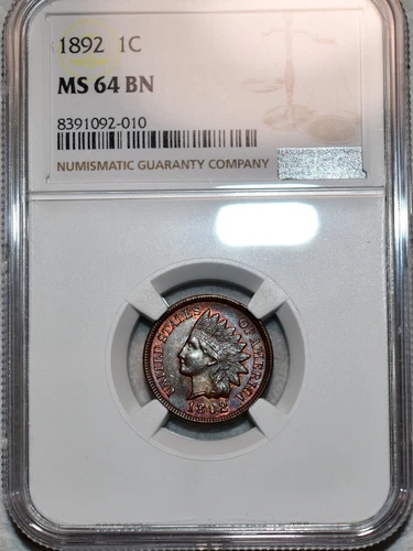 NGC MS-64 BN 1892 Indian Head Cent, Attractively Toned specimen.