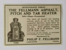 Anuncio de calentador de asfalto, tono y alquitrán The Fellmann 1926 Lancaster, Pensilvania