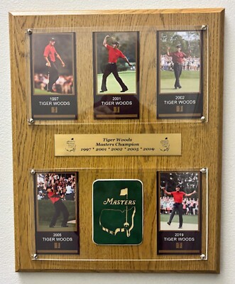 Tiger Woods 5 Masters Wins cards 12''x15'' plaque with engraved nameplate